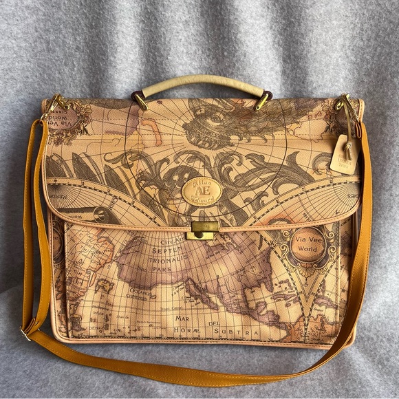 Allen Edward Handbags - Vintage Allen Edward AE World Map Briefcase Work Bag Leather Trim Tan Neutrals
